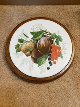 7&quot; Round Ceramic Tile in Wood Base Trivet Wall Plaque Still Life Figs Nuts - £7.89 GBP
