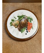 7&quot; Round Ceramic Tile in Wood Base Trivet Wall Plaque Still Life Figs Nuts - £7.91 GBP