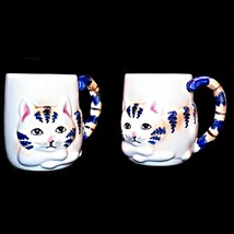 Pair of Two 2 Pier 1 One 3D Blue Striped Tabby Kitty Cat Figural Coffee Mug Cup - $32.99