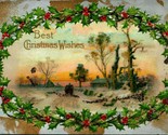 Best Christmas Wishes Holly Frame Cabin Scene UNP Embossed 1910s Postcard - $3.91