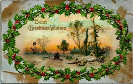 Best Christmas Wishes Holly Frame Cabin Scene UNP Embossed 1910s Postcard - £3.11 GBP