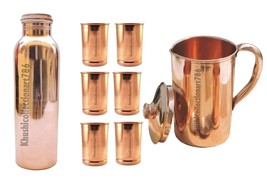 Pure Copper Water Pitcher Jug Smooth 1500ML Plain Bottle Tumbler Glass S... - $71.77