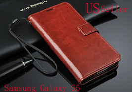 Brown PU Leather 3 Card Slots Magnetic Wallet Stand Flip Case Samsung Galaxy S5 - £14.36 GBP