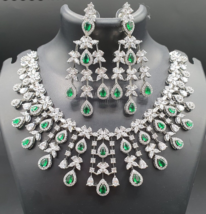 Indian Silver Plated Emerald Bollywood Style Choker Necklace CZ Jewelry Set - £105.08 GBP