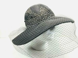 Vintage Jack McConnell Gray Hat Feathers Rhinestone Netted Veil Red Feather - £586.70 GBP
