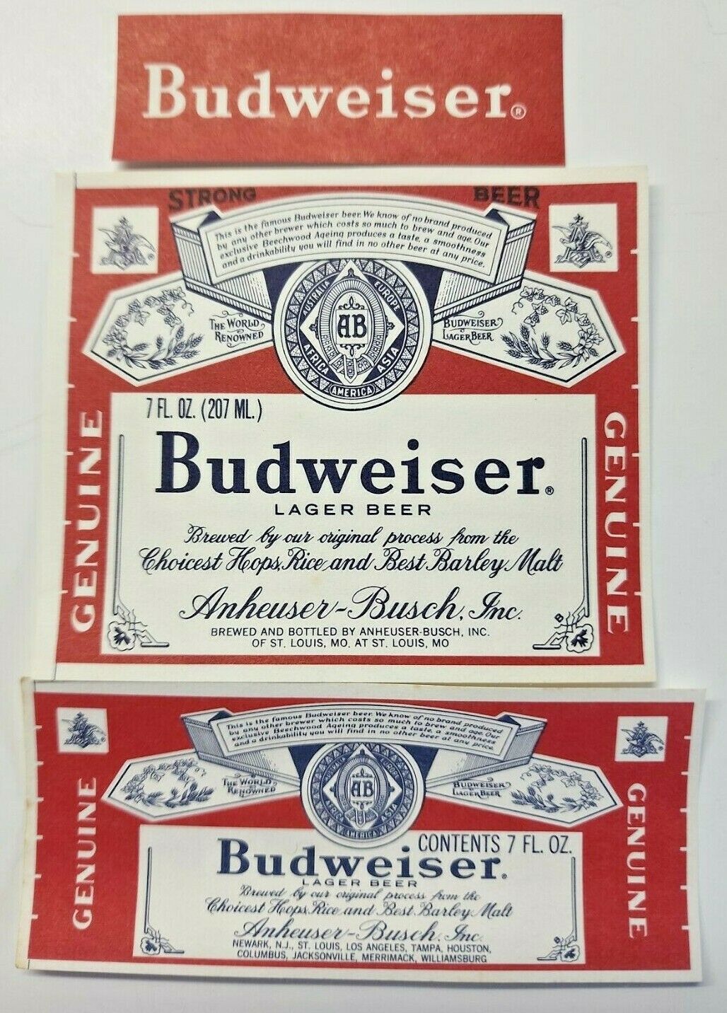 1970's Budweiser King of Beers St. Louis Lg & Sm 7oz Bottle Neck Labels Lot of 3 - $8.99