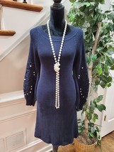 Vintage ViVi Women&#39;s Blue Cotton Round Neck Long Sleeve Knee Length Knit Dress M - £30.47 GBP
