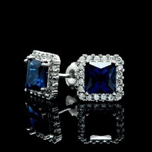 3Ct Princess Lab Created Blue Sapphire Women Stud Earrings 14K White Gold Plated - £108.24 GBP