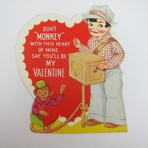 Vintage Valentine Boy &amp; Monkey Fez Hat Wind Up Toy Crank Box Die Cut Red Heart - £6.38 GBP