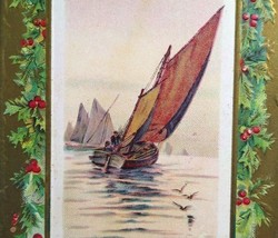 Christmas Postcard Sailing Ships Boats Harbor Embossed Unused Gold Standard - £19.98 GBP