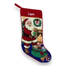 Vtg Needlepoint Logan Christmas Stocking Santa Toys Fireplace Hearth Red Velvet - £20.56 GBP