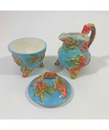 Sugar Bowl with Lid and Creamer Set Blue and Orange Green Leaves Design - $33.83 CAD