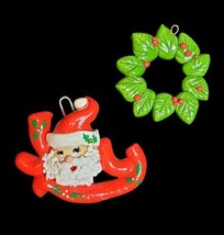 Vintage 2 Handcrafted Salt Dough Christmas Ornaments Wreath and Santa&#39;s Joy - £14.78 GBP