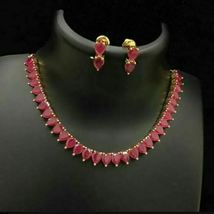 32Ctw 14K Yellow Gold Over Pear Cut Red Ruby Tennis Necklace With Earrings - £266.32 GBP