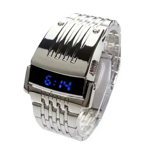 Fashion Electronic Watch Blue LED Display Wide Stainless Steel Band Men ... - $34.97