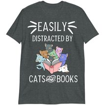 Funny Cat &amp; Book Lover T-Shirt, Gift for Cat &amp; Book Lover Shirt, Easily Distract - £15.83 GBP