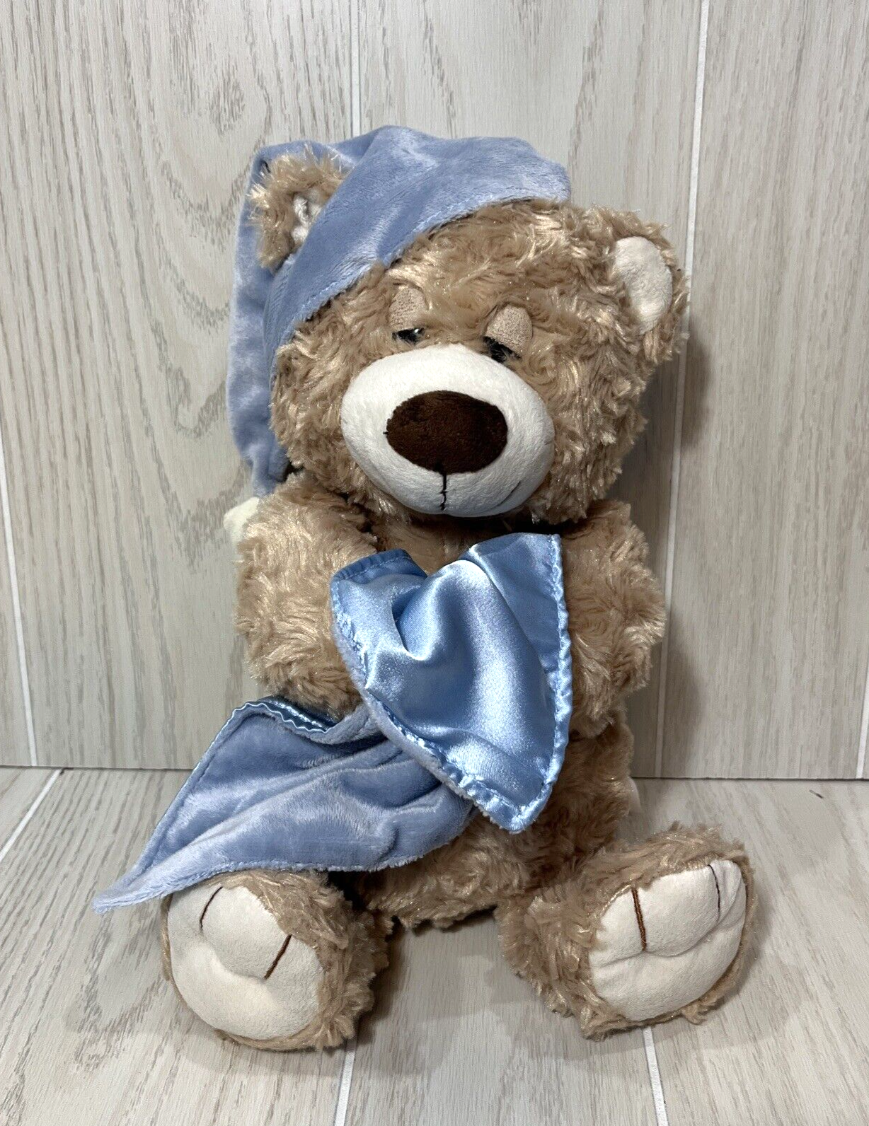 Primary image for Toys R Us tan swirled fur teddy bear Plush sleepy bedtime blue hat cap blanket