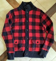 J.CREW Men&#39;s Red/Charcoal Buffalo Check Lambswool Sweater Jacket w/ Pockets (M) - £39.08 GBP