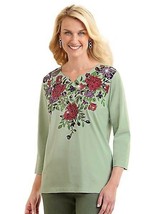 New NWOT Sara Morgan Light Green Rhinestone Studded Floral Print Tunic Knit Top - £10.05 GBP
