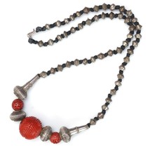 Chinese Cinnabar and Silver Plate Tibetan Tribal Necklace antique silver beads - £33.68 GBP