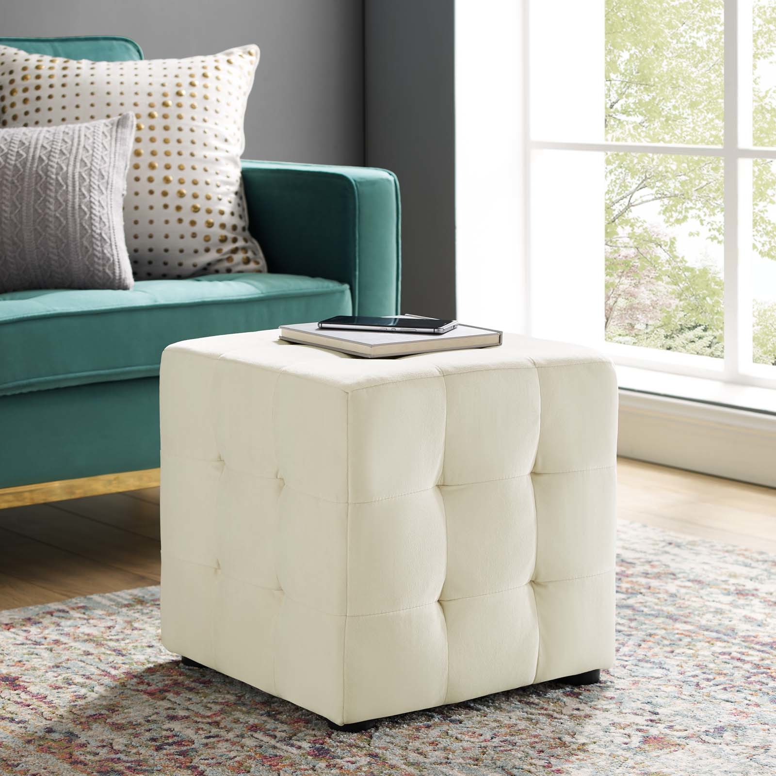 Contour Tufted Cube Performance Velvet Ottoman Ivory EEI-3577-IVO