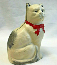 Vtg Cast Iron Cat Kitty Figure Red Bow Still Bank Coin White Animal - $79.95
