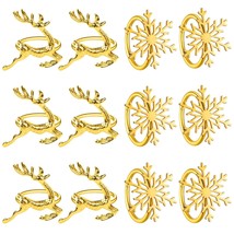 Gold Christmas Napkin Rings Set Of 12, Christmas Reindeer And Snowflake Napkin H - £19.54 GBP