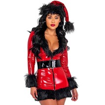 Bad Santa Costume Vinyl Mini Dress Black Faux Fur Trim V Neck Wet Look C199 - £67.26 GBP