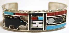 Zuni Sunface Bear Bracelet, Turquoise Gems Inlay Sterling Cuff s6.5, Don Dewa - £622.23 GBP