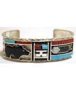 Zuni Sunface Bear Bracelet, Turquoise Gems Inlay Sterling Cuff s6.5, Don... - £622.01 GBP