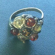 Estate 925 Marked Thin Silver Band w Flower Cluster of Amber Cabs Ring Size 7.5 - £26.78 GBP