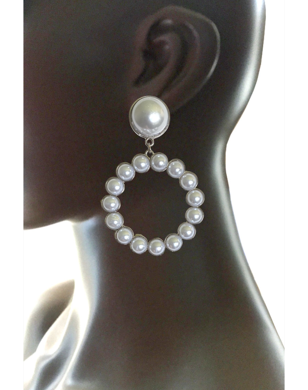 3" Long White Faux Pearls Hoop Earrings Pierced Ears Silver Tone Casual, Party - $17.10