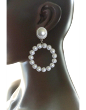 3&quot; Long White Faux Pearls Hoop Earrings Pierced Ears Silver Tone Casual,... - $17.10