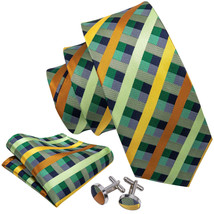 Green, Bronz, &amp; Gold Cross-Striped Necktie, Hanky, and Cufflinks - $19.99