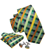 Green, Bronz, &amp; Gold Cross-Striped Necktie, Hanky, and Cufflinks - $27.42 CAD