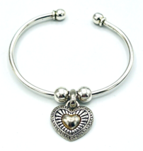Vintage Sterling Silver Slim Cuff Bracelet Heart Charm - £29.72 GBP