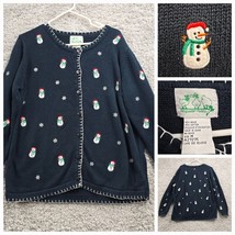 The Quacker Factory Cardigan Womens Medium Blue Christmas Snowman Knit Sweater - $28.66