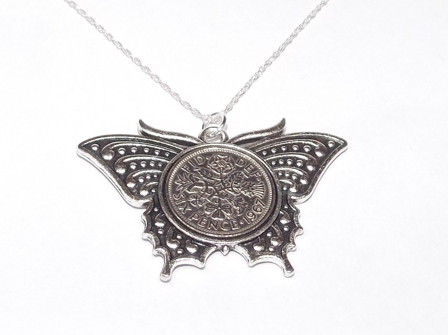 1962 Sixpence Butterfly Pendant for 56th Birthday Gift and 22in SS Chain - Boxed - $17.47