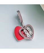 925 Sterling Silver Double Happiness Heart Dangle Charm With CZ &amp; Red En... - £13.84 GBP