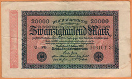 GERMANY 1923 Fine 20.000 Mark Reichsbank Banknote Paper Money Bill P- 85b - £1.76 GBP