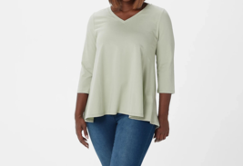 Denim &amp; Co. Jersey V-Neck 3/4 Sleeve Top- Desert Sage, MEDIUM - £17.40 GBP