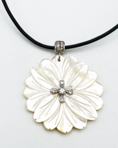 Ross Simons Mother Of Pearl CZ Flower Pendant Necklace Leather Cord - £29.96 GBP