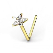 Five Claws Prong Star Cut CZ 9K Yellow Gold 6mm L-Shaped Nose Stud 22 Gauge - £50.12 GBP