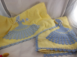 Vintage Terry Cloth Bath Towels Yellow and blue Girl in dress Crocheted - £19.60 GBP