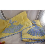 Vintage Terry Cloth Bath Towels Yellow and blue Girl in dress Crocheted - $33.90 CAD