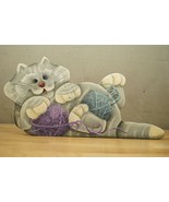 Vintage Folk Art Wood Plaque Wall Hanging Hand Painted Gray Tabby Cat &amp; ... - £25.47 GBP