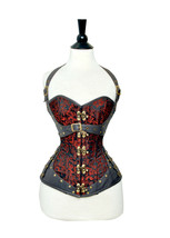  WOMEN RED BROCADE &amp; REAL LEATHER OVERBUST GOTHIC CORSET w/ BRONZE HARDWARE - £78.62 GBP