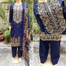 Pakistani Navy Blue Printed Straight Shirt 3-PCS Lawn Suit / Threadwork ,L - £42.88 GBP