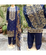 Pakistani Navy Blue Printed Straight Shirt 3-PCS Lawn Suit / Threadwork ,L - £43.39 GBP