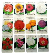 Vintage 1950&#39;s Flower Seed Packs EMPTY Lot 12 Zinna Petunia Marigold Sweet Pea - £16.04 GBP